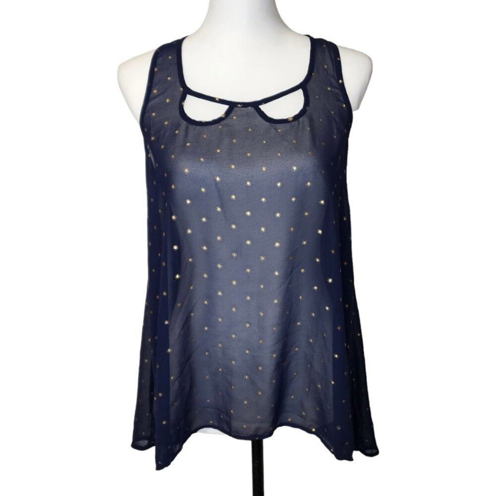 Freebird Sheer Navy Gold Metallic Polka Dot Tank Size L